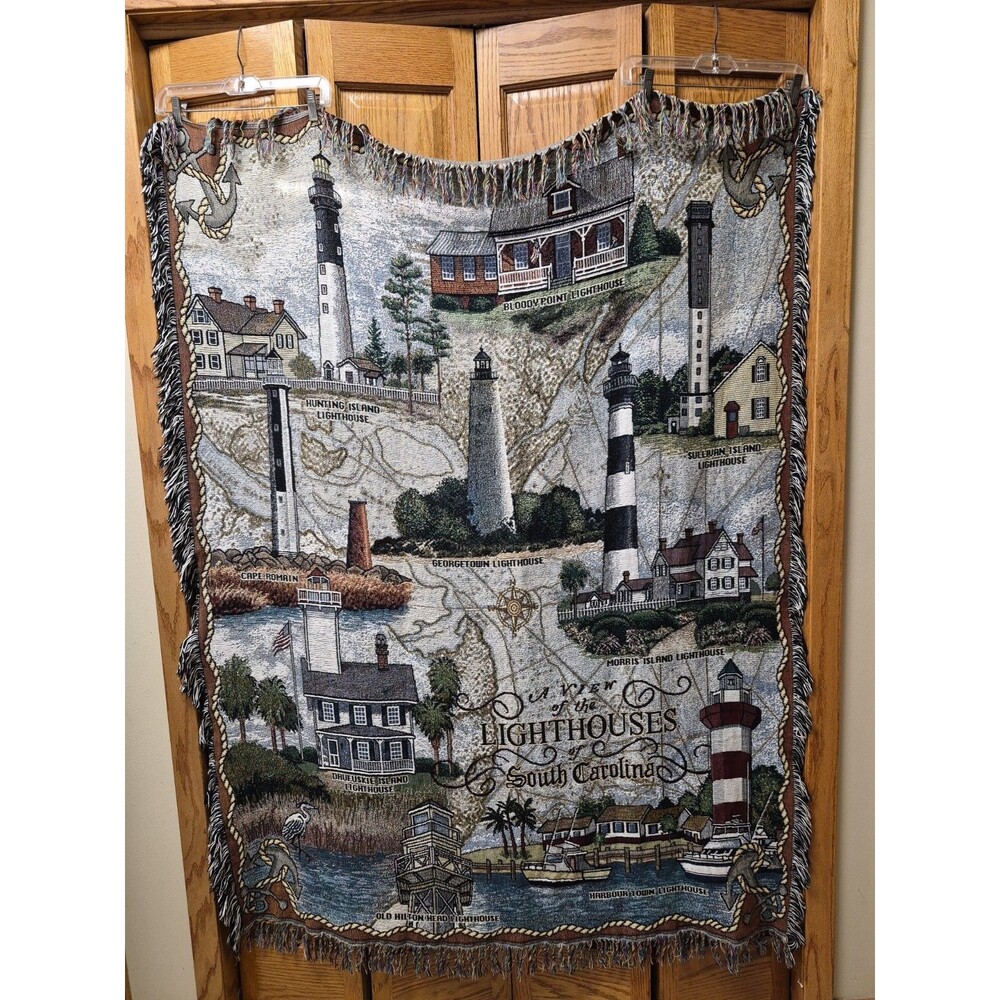 Vintage South Carolina Lighthouses Tapestry Throw Woven Blanket 65x50 Inches